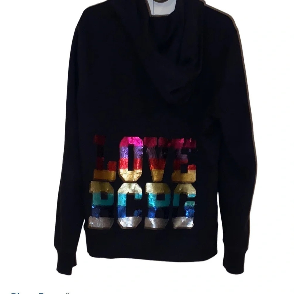 BCBG Maxazria  rhinestone logo black hoodie sweater Sz L